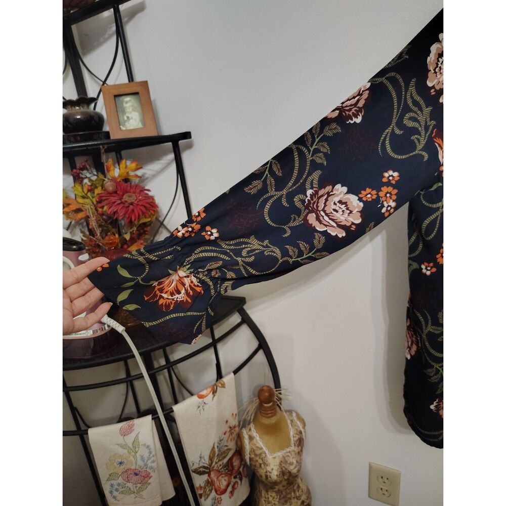 LOFT XL Black Blue Floral Ruffle Blouse Long Bell Sleeve Boho Cottagecore - Picture 4 of 7